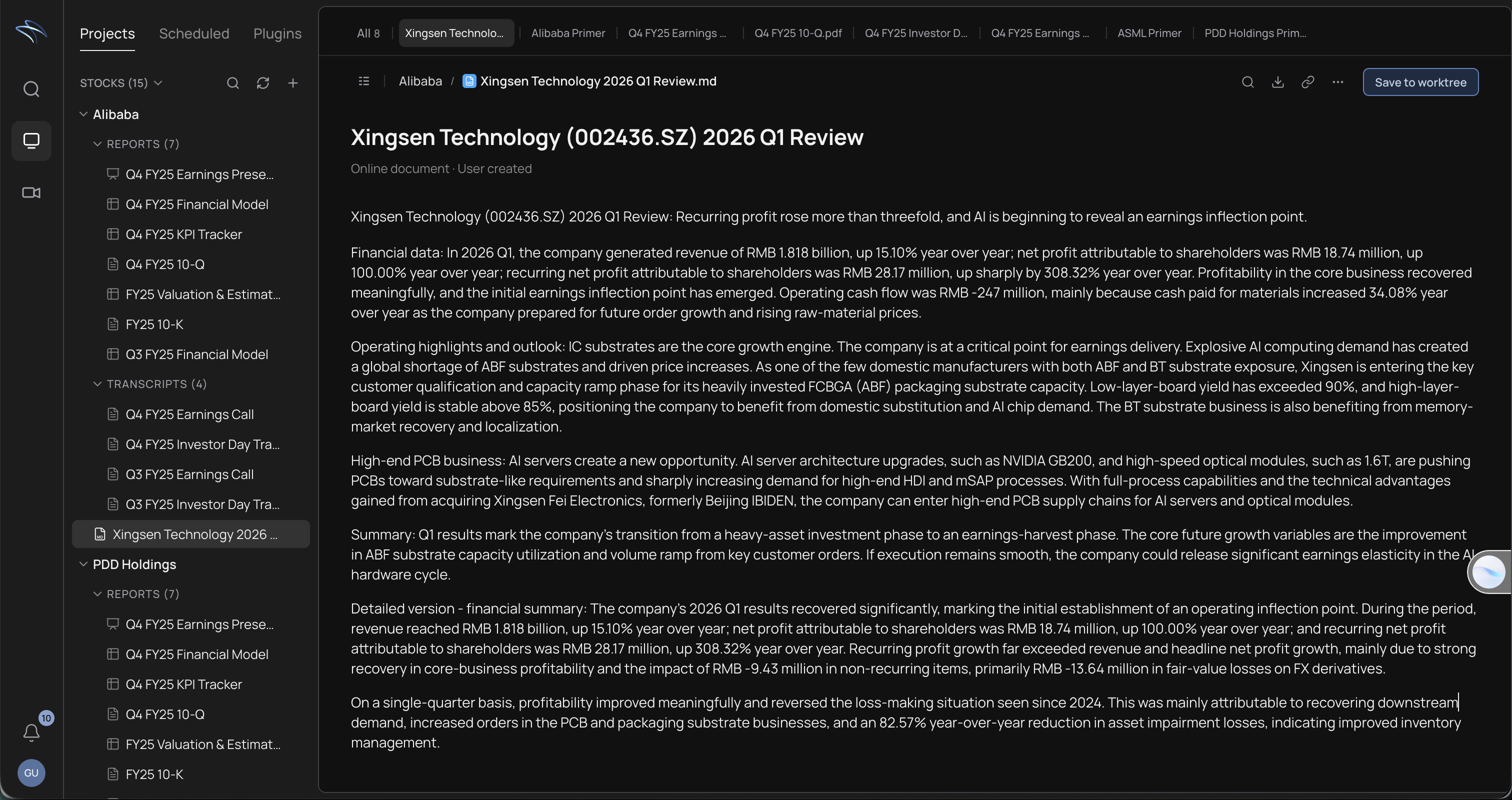 PaiWork workspace showing a company research report